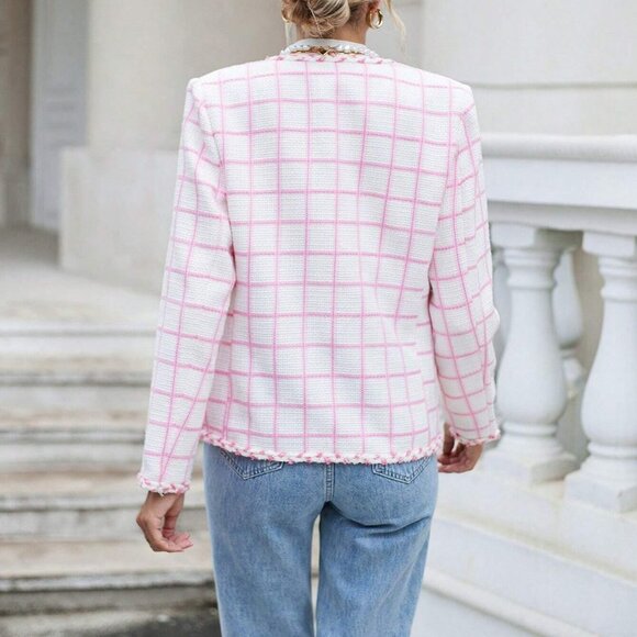 Pink Trendy Womens Plaid Print Open Front Pocket Patched Overcoat - Picture 2 of 5